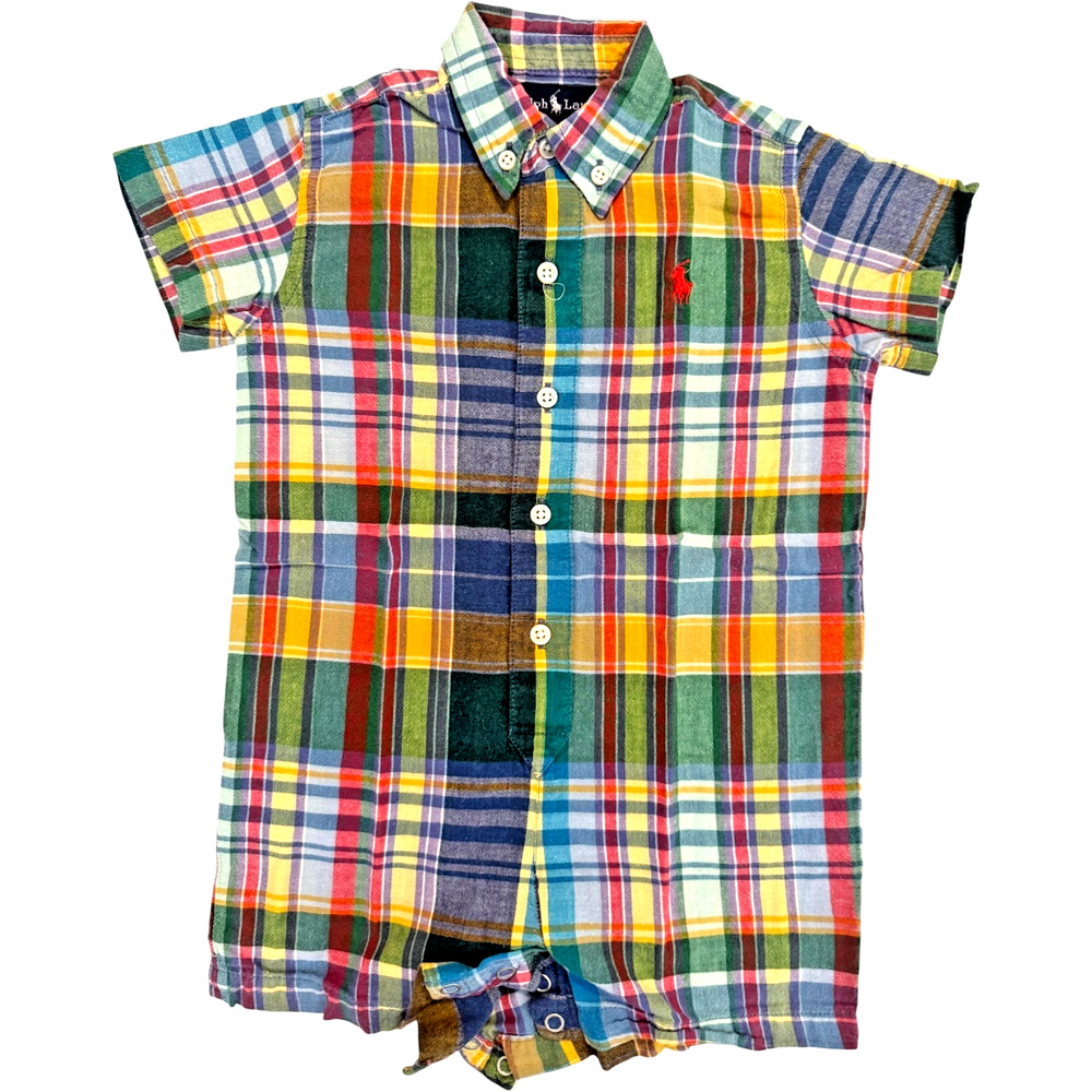 Vintage RALPH LAUREN 18m Baby Toddler Romper Madras Plaid Red Pony Snap Bottom